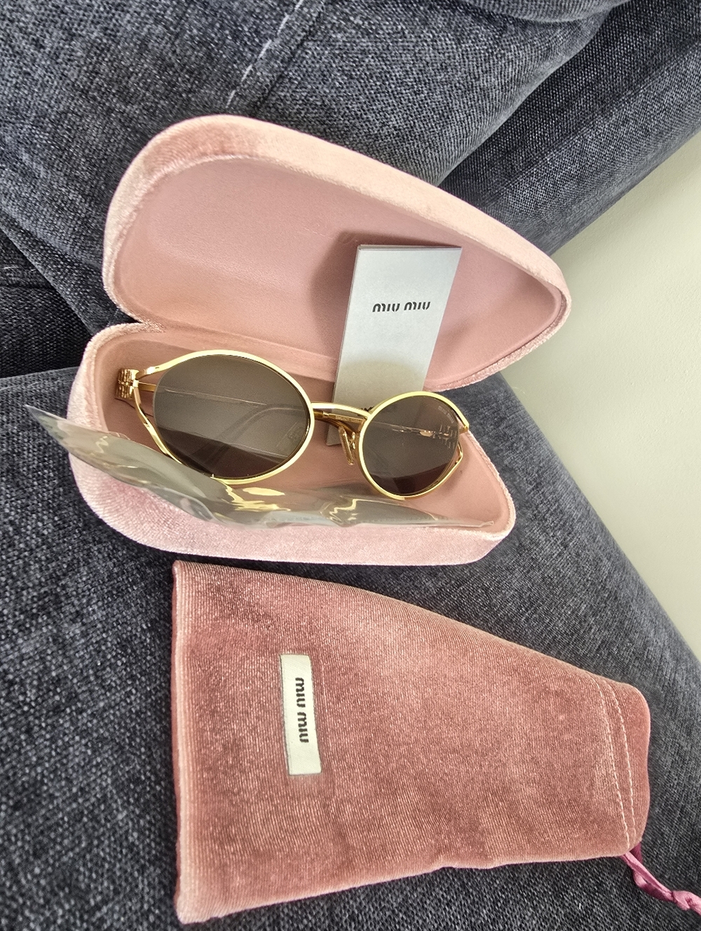 Miu Miu Gold Round Sunglasses with Brown Lenses and Pink Velvet Case